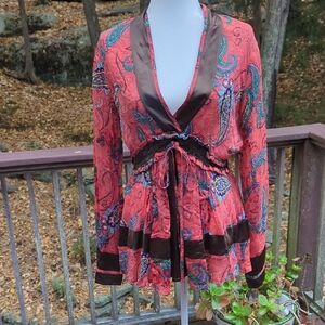 Paisley Print Wrap Top with Satin Trim